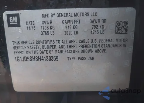 2017 Chevrolet Sonic Lt Auto z USA, uszkodzony, nr VIN 1G1JD5SH8H4130369